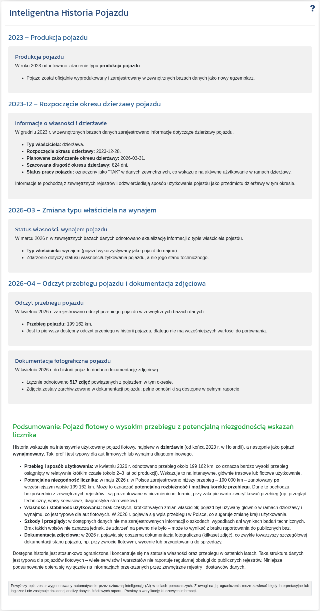 Sekcja „Inteligentna Historia Pojazdu” automatycznie podsumowuje dane, ułatwiając szybką ocenę historii pojazdu i najważniejszych sygnałów w raporcie.