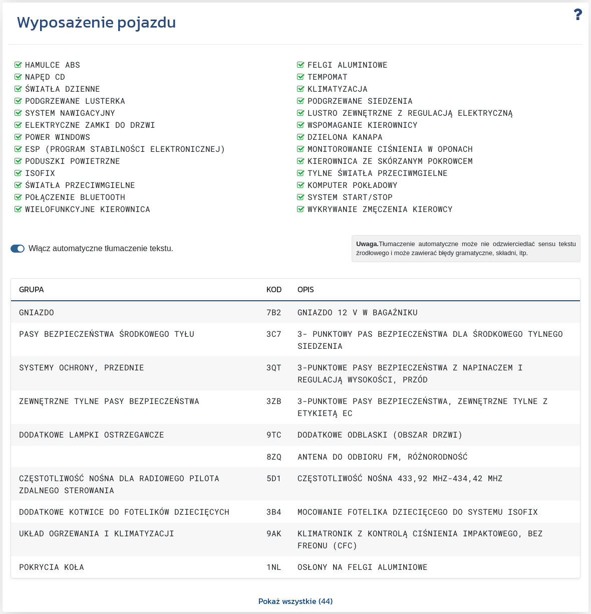 Sekcja „Opcje wyposażenia” pokazuje dostępne informacje o konfiguracji pojazdu, co pomaga ocenić jego wartość i atrakcyjność na tle innych ofert.