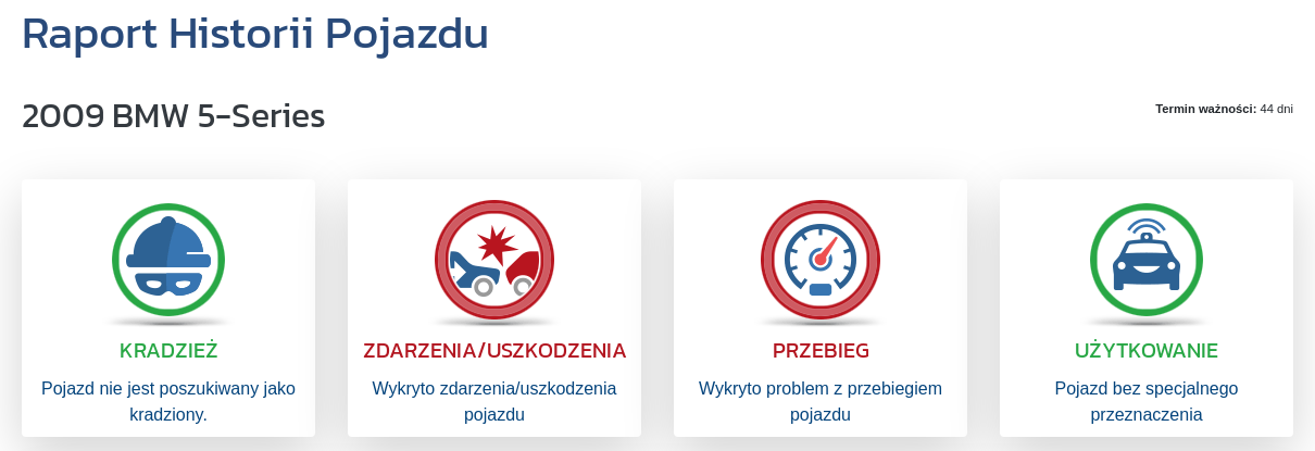 Sekcja „Raport historii pojazdu” pokazuje pierwsze sygnały dotyczące przebiegu, uszkodzeń, kradzieży i przeznaczenia, stanowiąc punkt startowy do weryfikacji pojazdu.