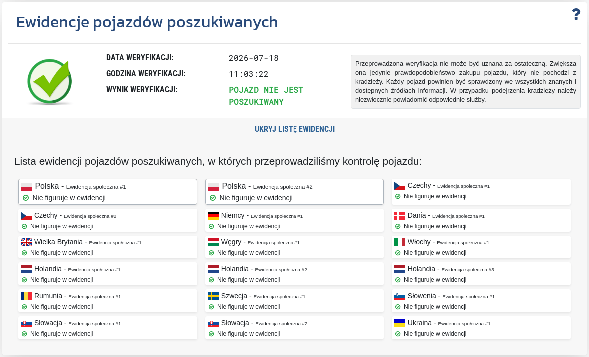 Sekcja „Ewidencje pojazdów poszukiwanych” pokazuje wynik sprawdzenia numeru VIN w dostępnych rejestrach pojazdów poszukiwanych.