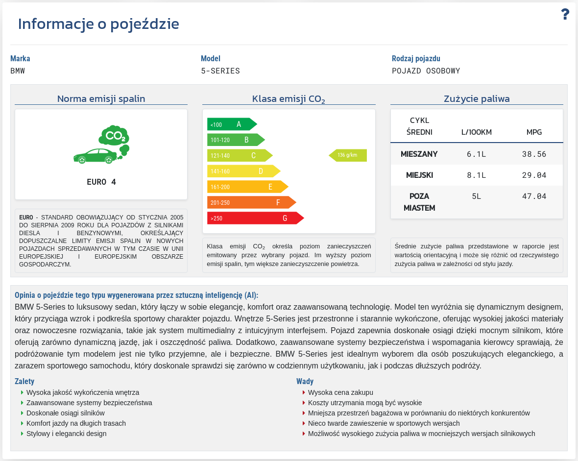Sekcja „Informacje o pojeździe” porządkuje dane techniczne i kontekst modelu, co pomaga lepiej ocenić wartość pojazdu oraz przewidzieć koszty eksploatacji.