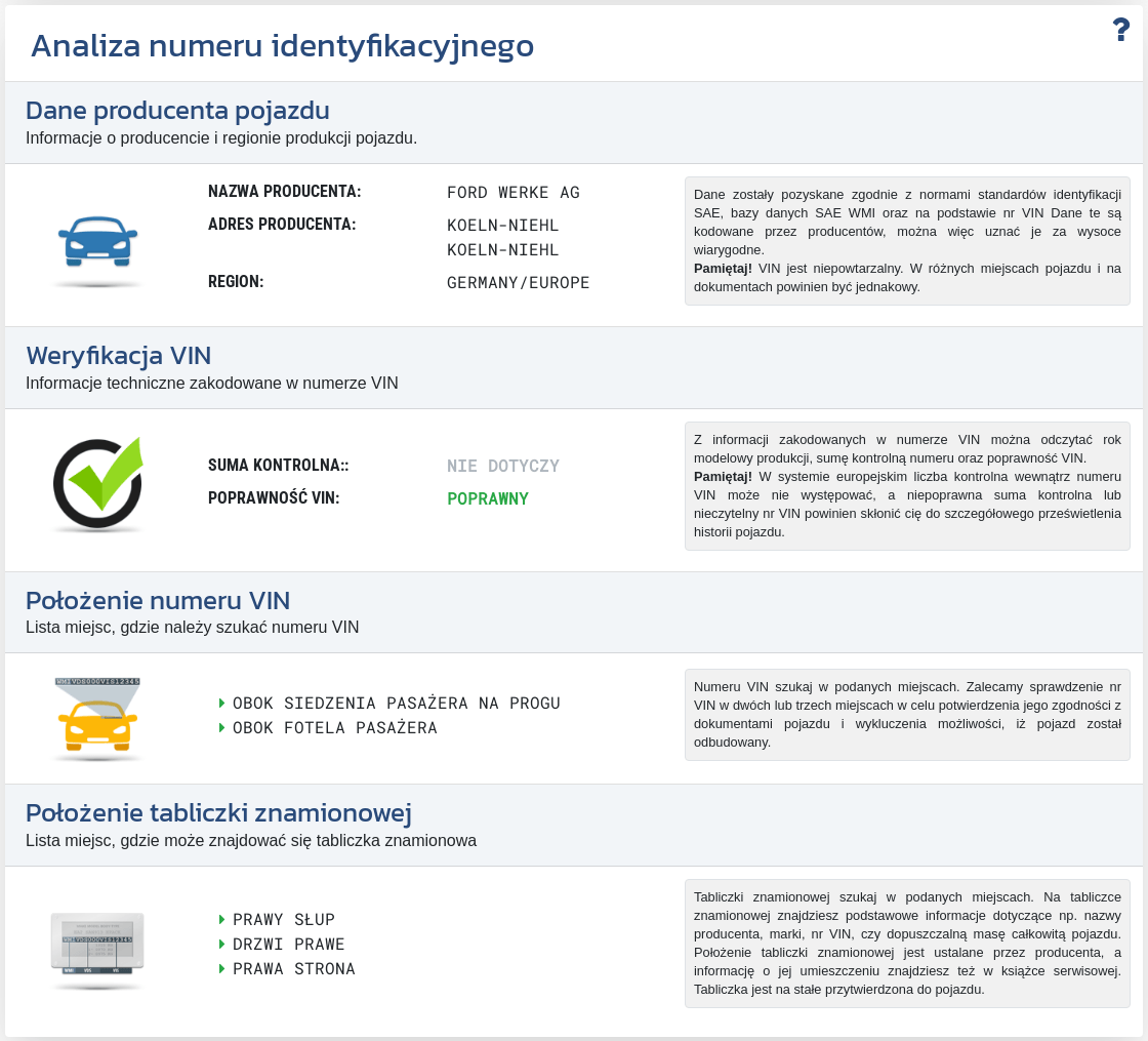Sekcja „Analiza numeru VIN” w raporcie automo.pl pomaga sprawdzić poprawność numeru identyfikacyjnego, dane producenta, rok modelowy oraz zgodność VIN z dokumentami pojazdu.